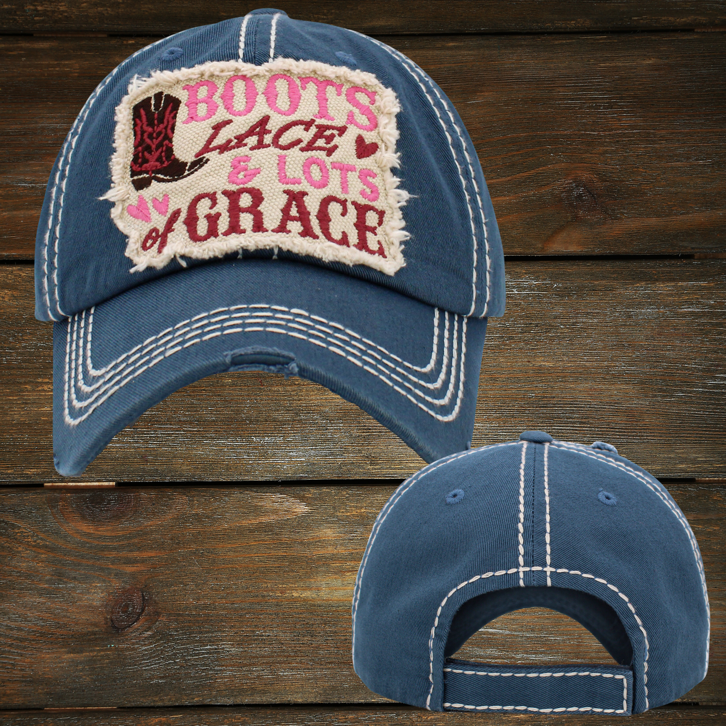 The timeless Boots Lace & Lots of Grace ballcap is a classic for your daily style. With a retro distressed design, a velcro-secured fit, and a tailor-made pre-curved bill, this cap is a total must-have for any closet.