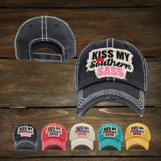 Show off your Southern charm with Kiss My Southern Sass! You'll look stylish and fashionable in this vintage-style distressed ballcap, complete with a pre-curved bill and velcro closure. Perfect for any occasion - nothing says 'sassy' like this hat!