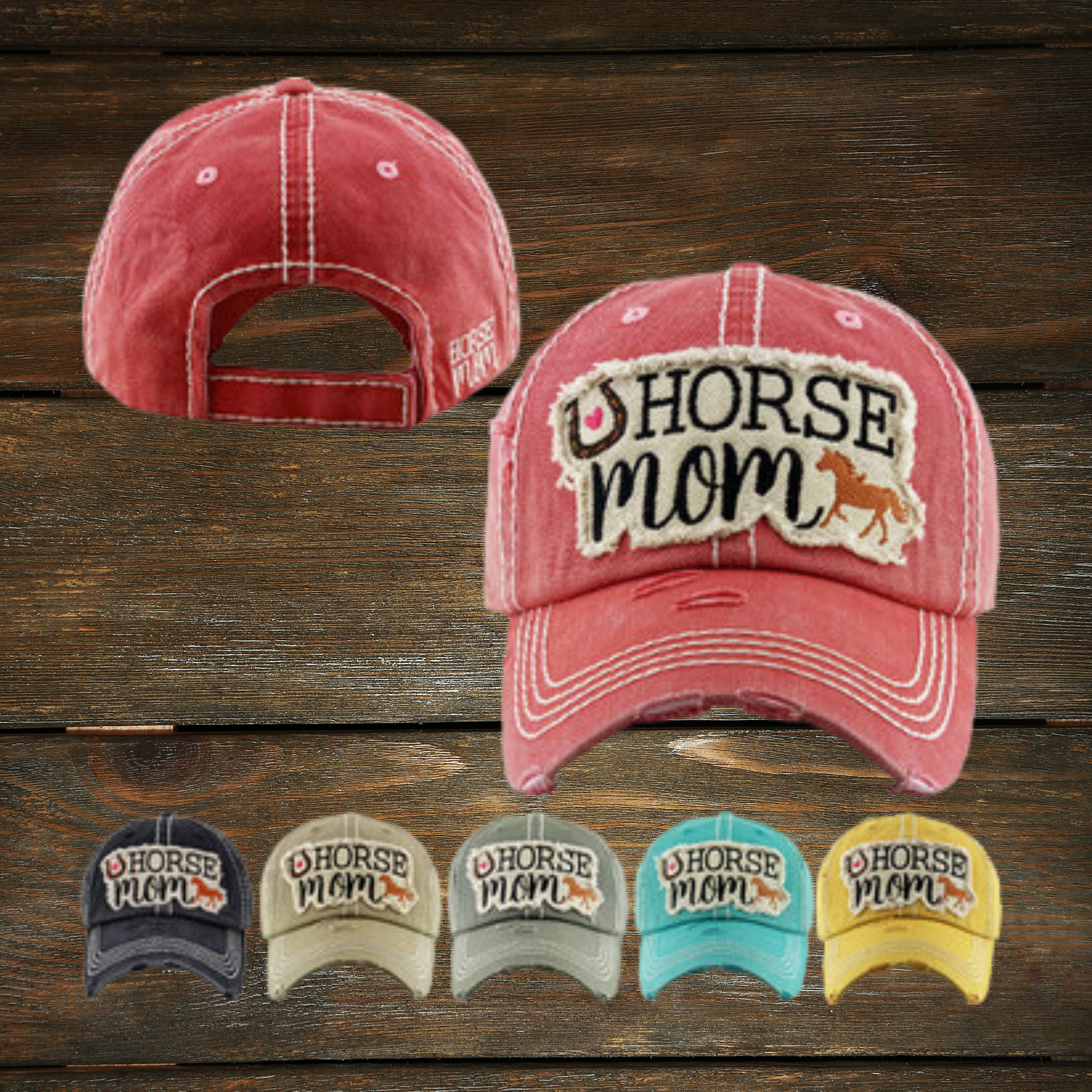 Put your "mane" in this Horse Mom ballcap! With a vintage-distressed look, and a pre-curved bill, this cap is a perfect way to show your love for your equine friend in style. Saddle up and show off your Horse Mom pride!