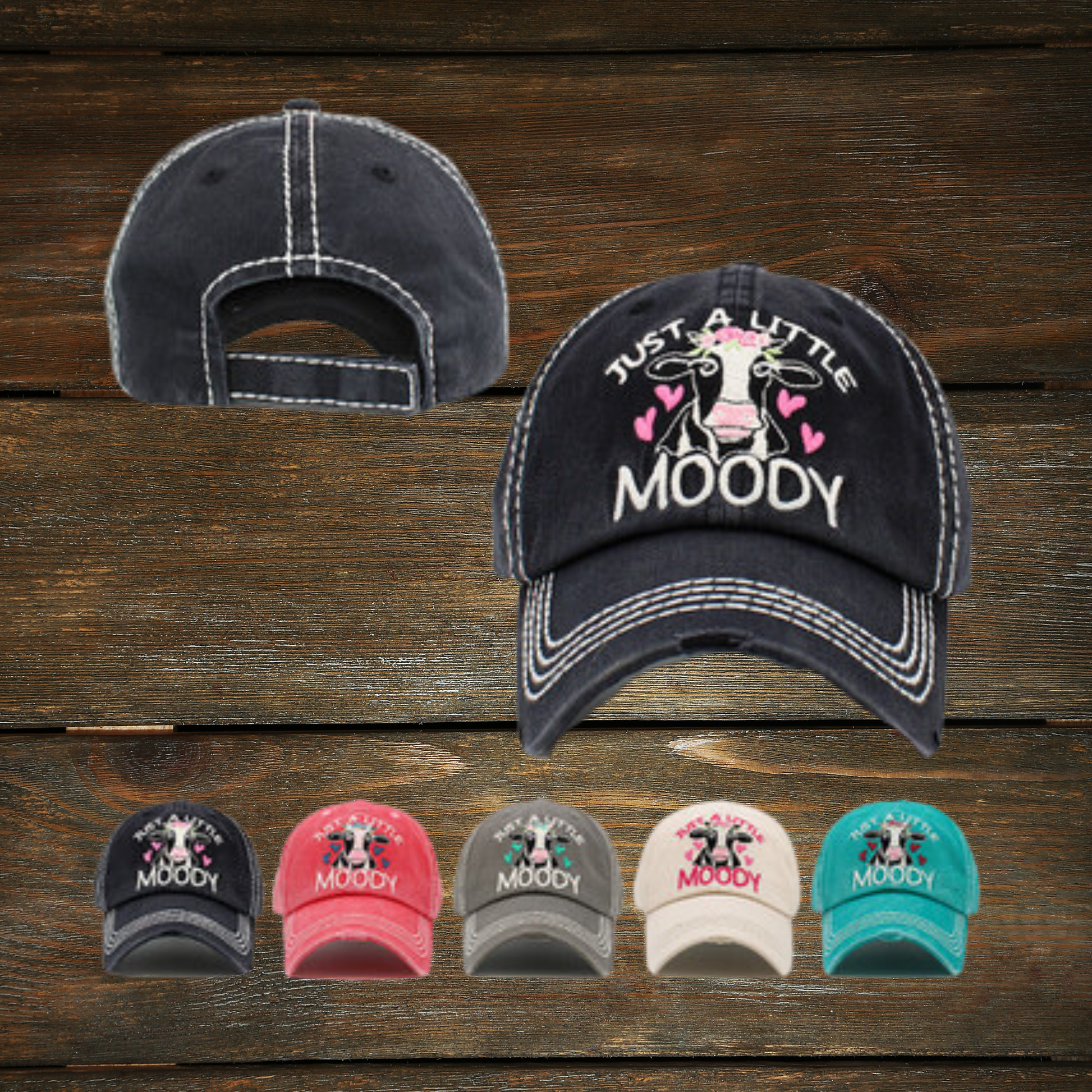 Stylish and practical, Just A Little Moody features a washed vintage distressed ballcap complete with velcro back closure for an adjustable fit. Perfect for cow lovers, this ballcap is sure to add a finishing touch to your ensemble.