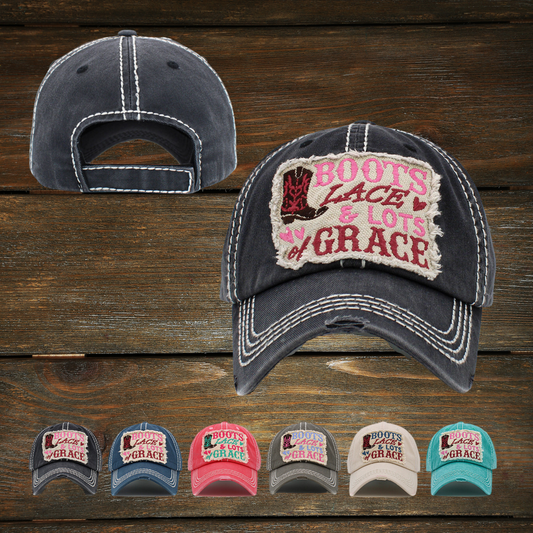 The timeless Boots Lace & Lots of Grace ballcap is a classic for your daily style. With a retro distressed design, a velcro-secured fit, and a tailor-made pre-curved bill, this cap is a total must-have for any closet.