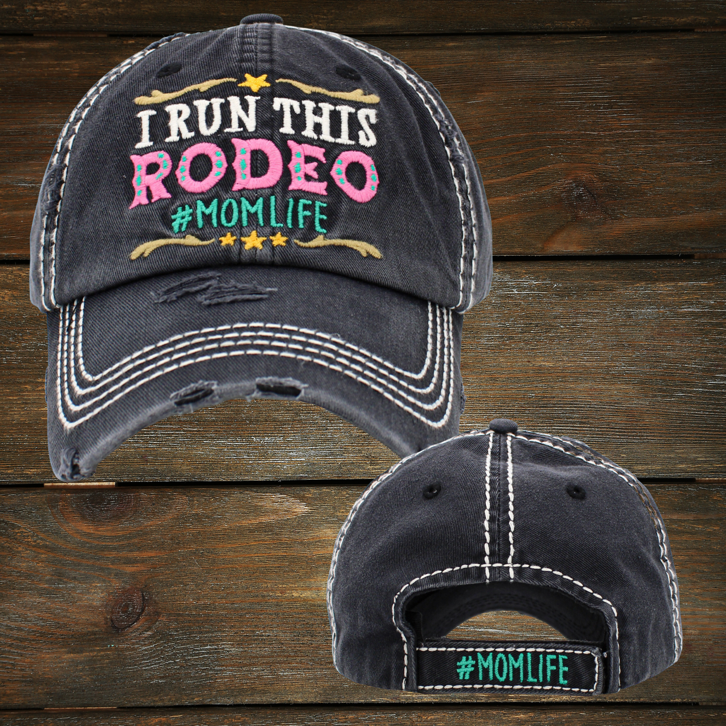 This timeless I Run This Rodeo #MOMLIFE hat is perfect for everyday wear. It features a classic vintage washed look, for added style and attitude, perfect for expressing your #MomLife spirit. With the pre-curved bill and adjustable Velcro back closure, you have maximum comfort and adjustability.