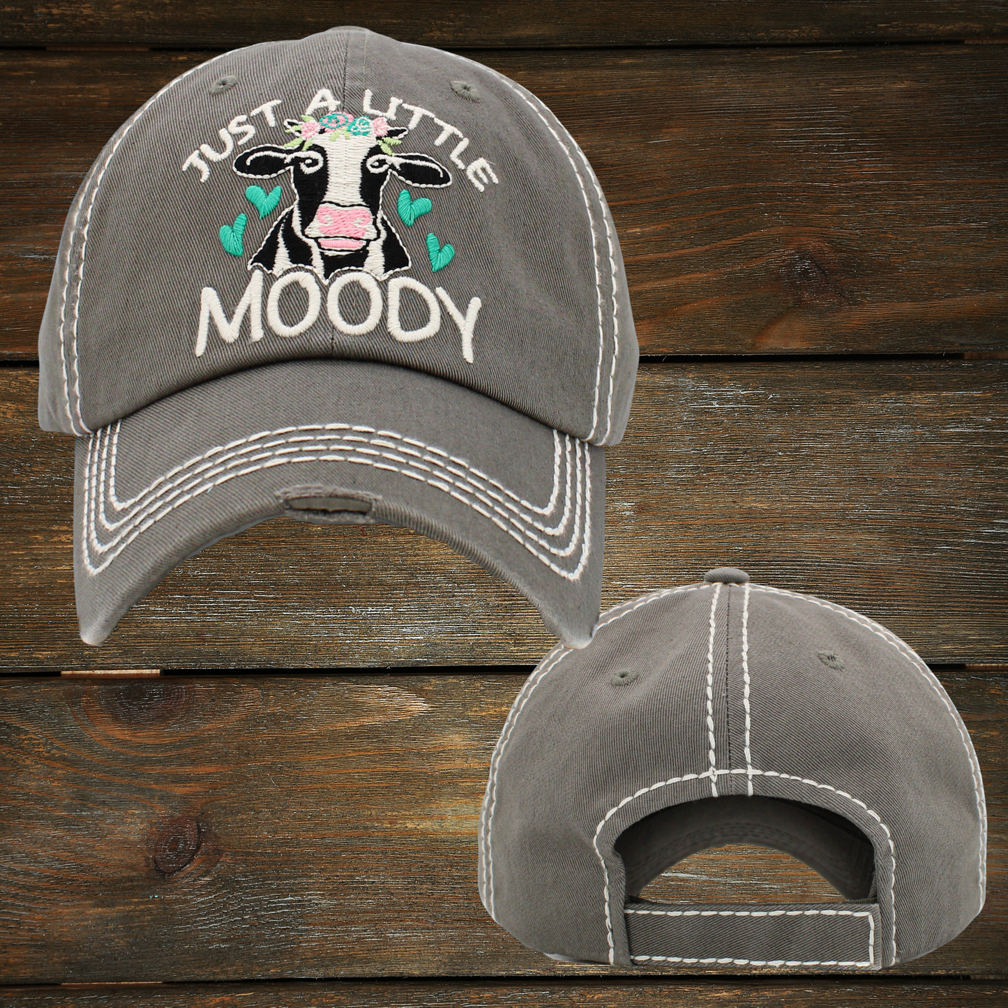 Stylish and practical, Just A Little Moody features a washed vintage distressed ballcap complete with velcro back closure for an adjustable fit. Perfect for cow lovers, this ballcap is sure to add a finishing touch to your ensemble.