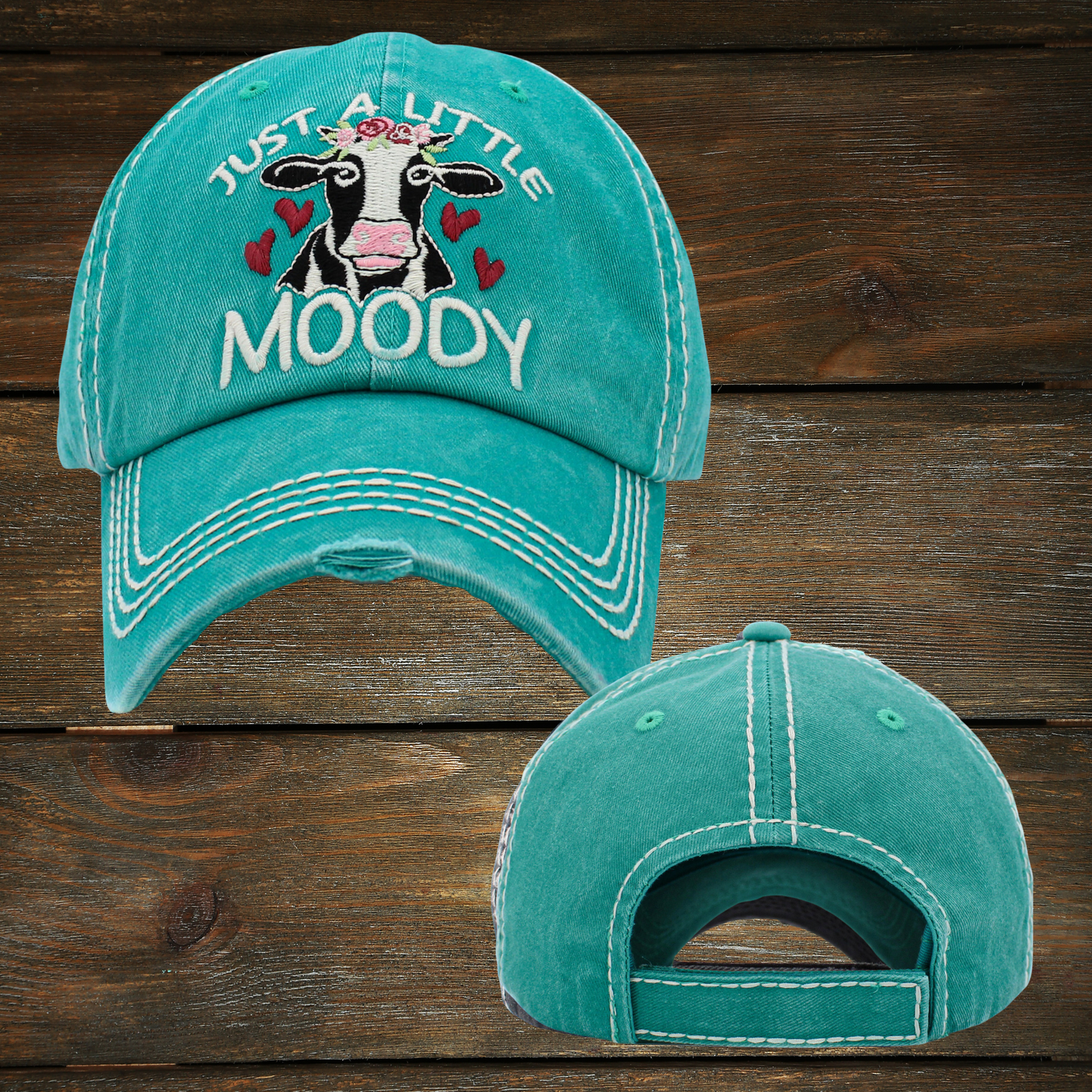 Stylish and practical, Just A Little Moody features a washed vintage distressed ballcap complete with velcro back closure for an adjustable fit. Perfect for cow lovers, this ballcap is sure to add a finishing touch to your ensemble.